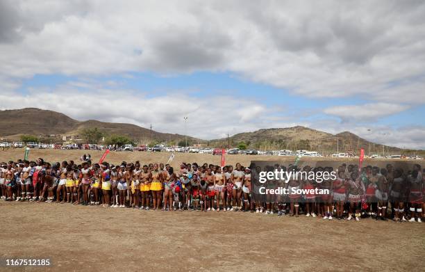 Zulu maidens gather during the annual Umkhosi Womhlanga at Enyokeni Royal Palace on September 07, 2019 in Nongoma, South Africa. The reed dance,...