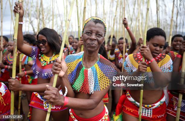 Zulu maidens gather during the annual Umkhosi Womhlanga at Enyokeni Royal Palace on September 07, 2019 in Nongoma, South Africa. The reed dance,...