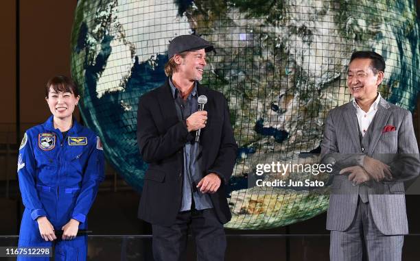 Astronaut Naoko Yamazaki, Brad Pitt and Astronaut Mamoru Mouri attend the press conference for Japan premiere of 'Ad Astra' at National Museum of...