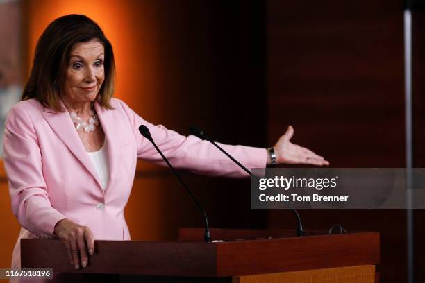 House Speaker Nancy Pelosi delivers remarks during her weekly news conference on Capitol Hill September 12, 2019 in Washington, DC. While saying...