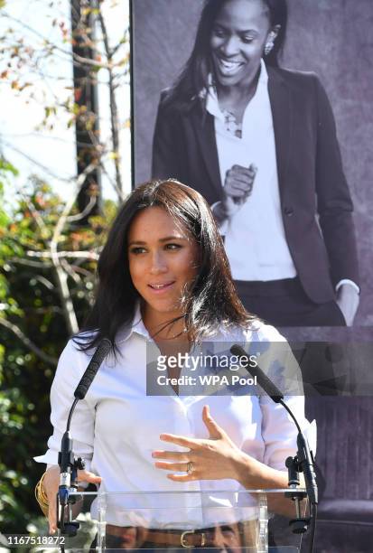 Meghan, Duchess of Sussex delivers a speech as she launches the Smart Works capsule collection on September 12, 2019 in London, England. Created in...