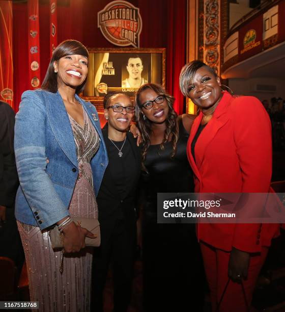 Sheryl Swoopes, Teresa Weatherspoon, Cynthia Cooper, and Tina Thompson pose for a photo during the 2019 Basketball Hall of Fame Enshrinement Ceremony...