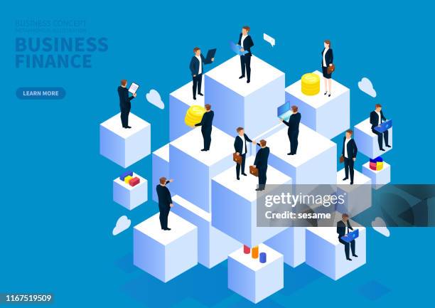 group of businessmen standing above the cube - rubix cube stock illustrations