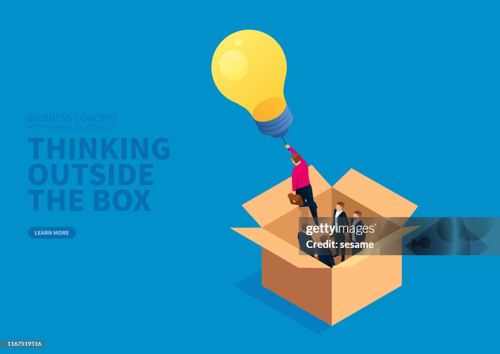 Glowing light bulb leads the businessman to fly outside the box