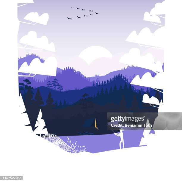 flat minimal fishing scene in the mountains with pine forest and summer camp - lake logo stock illustrations