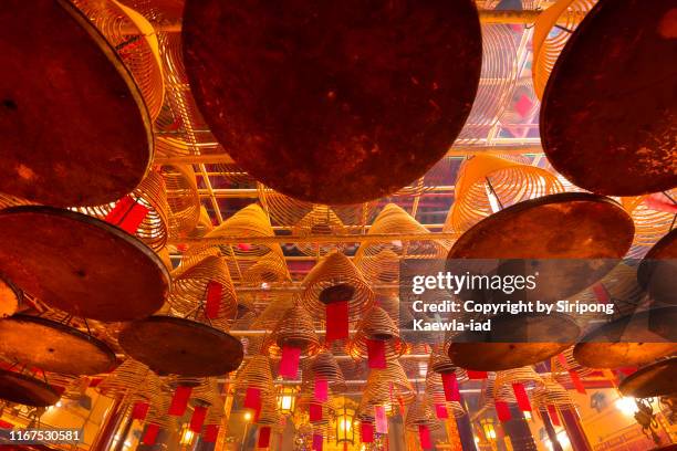 group of the incense coils inside the man mo temple, hong kong. - templo de man mo - fotografias e filmes do acervo