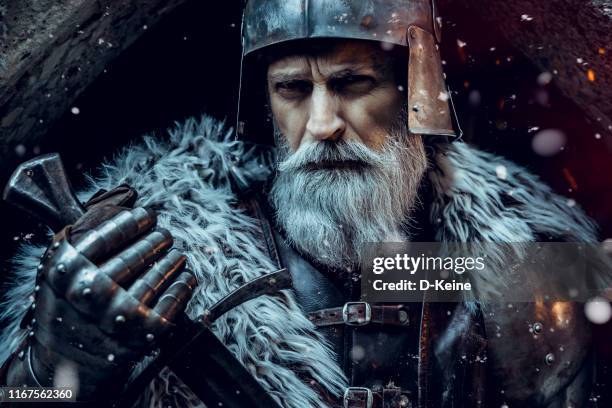 senior ridder draagt traditionele kleren met zwaard - viking warrior stockfoto's en -beelden