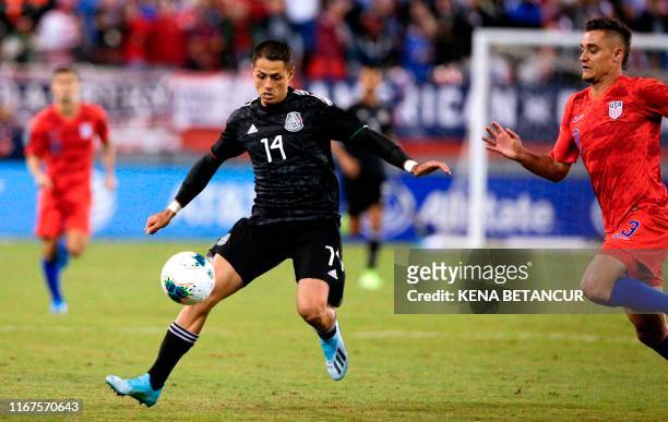 Mexico's foward Javier Hernandez controls the ball during the international friendly football match between Mexico and the United States at the...