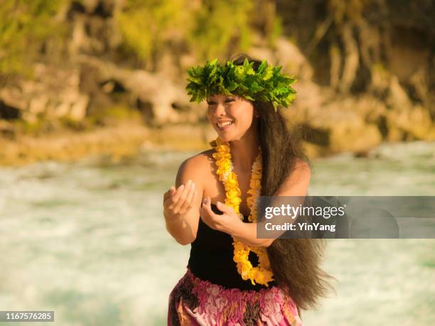 hawaiian hula tänzerin am strand von kauai - hula stock-fotos und bilder