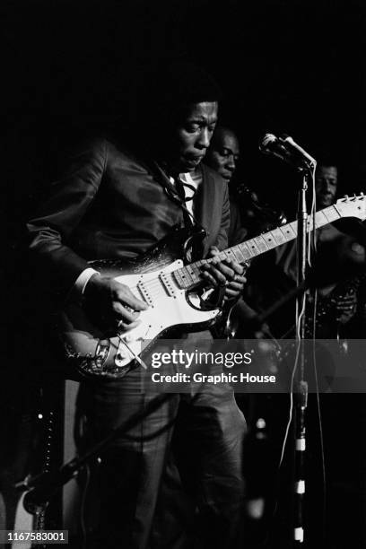 American blues guitarist and singer Buddy Guy in concert, 1970.