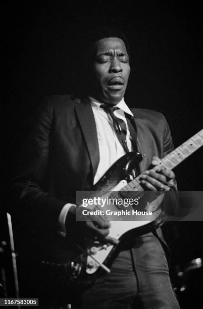 American blues guitarist and singer Buddy Guy in concert, 1970.