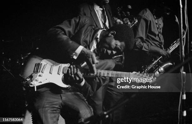 American blues guitarist and singer Buddy Guy in concert, 1970.