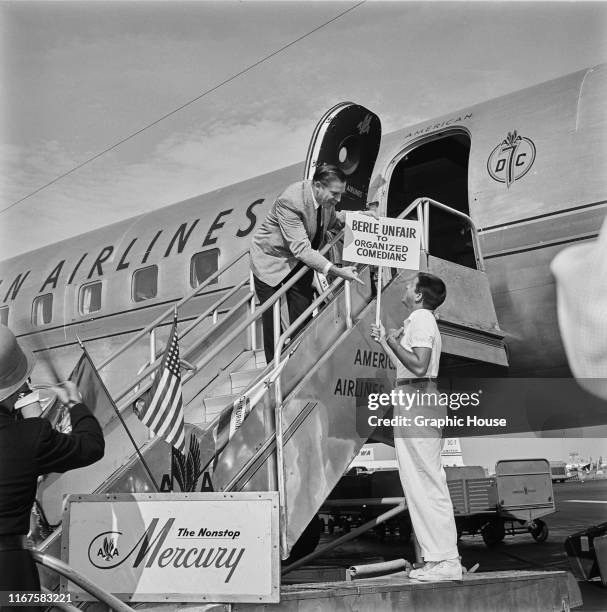 American actor and comedian Milton Berle arrives in Los Angeles to film 'The Milton Berle Show' for television, and is met by comedian Jerry Lewis...