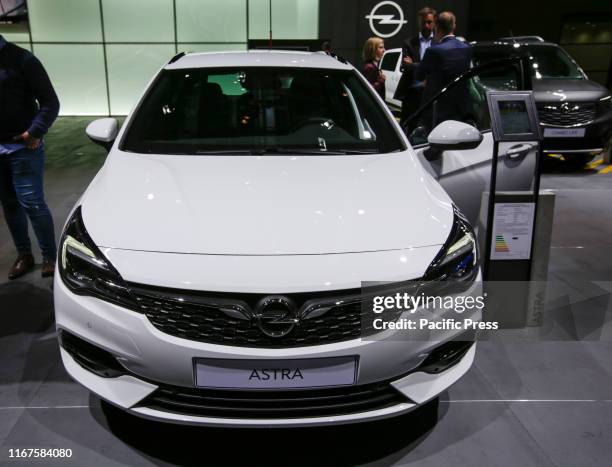 The German car manufacturer Opel displays the Opel Astra Sports Tourer at the 2019 Internationale Automobil-Ausstellung .