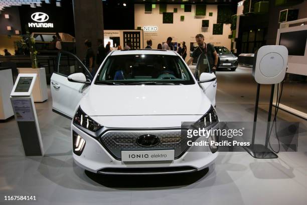 The South-Korean car manufacturer Hyundai displays the Hyundai Ioniq electric at the 2019 Internationale Automobil-Ausstellung .