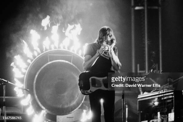 English songwriter, singer, bassist, and composer Roger Waters performs on stage at Shelter benefit concert on 'Dark Side Of The Moon' tour at Earls'...