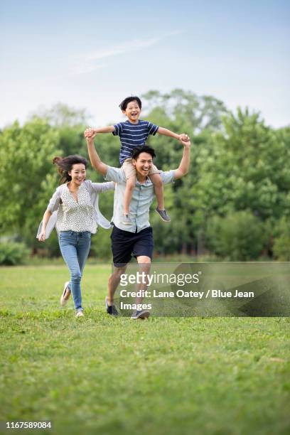 happy young chinese family playing on grass - 肩車 ストックフォトと画像