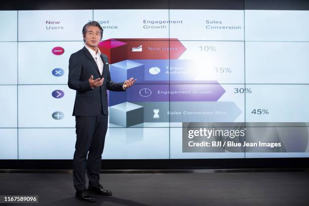 confident chinese businessman giving presentation - colarinho aberto imagens e fotografias de stock