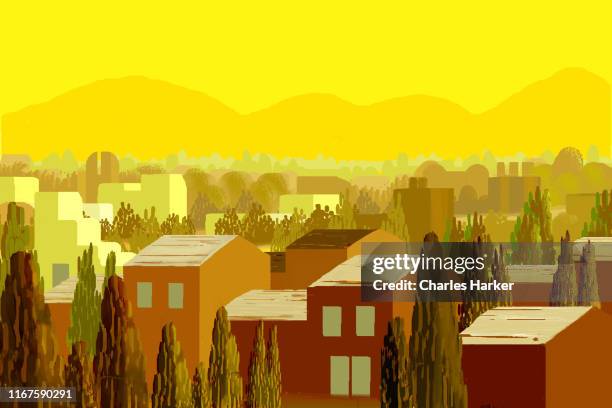 suburban rows of tract houses in california landscape in bright yellow sunlight and brown colors illustration - riverside california stock-fotos und bilder