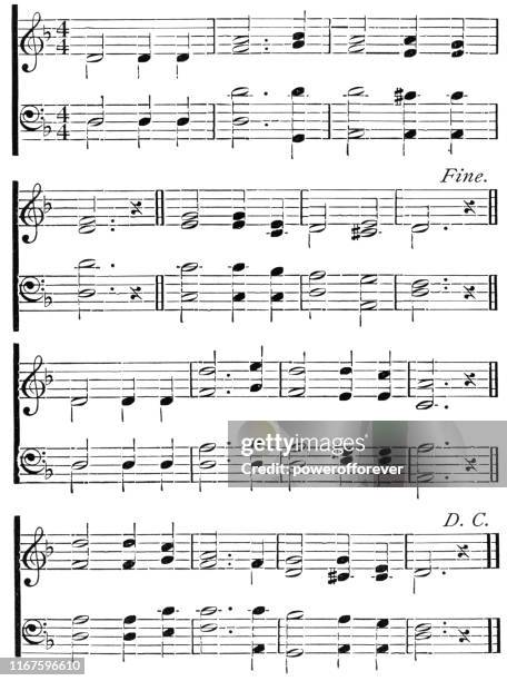 lacquiparle (many and great, o god) sheet music - 19th century - bass clef stock illustrations