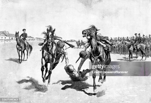 cossacks cavalry training to rescue wounded soldiers on horseback - russian empire 19th century - bootcamp training stock illustrations