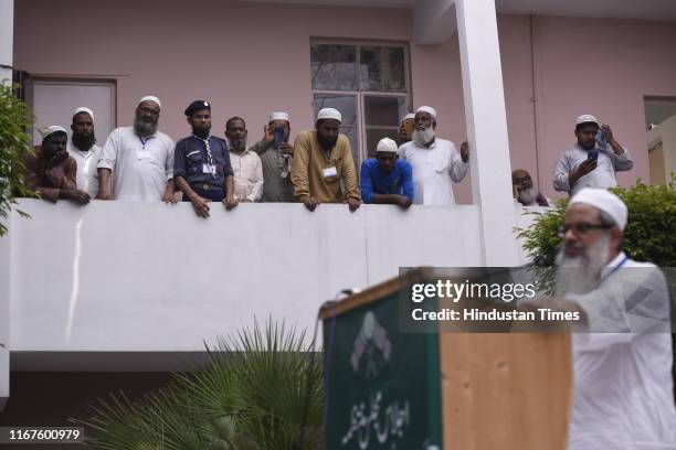 People congregate during a meeting for the resolution on Kashmir adopted by General Council of Jamait Ulama-E-Hind as General Secretary of the...