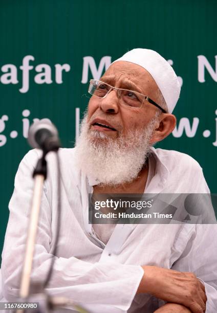 General Secretary Mahmood Madani speaks to media during a meeting for the resolution on Kashmir adopted by General Council of the Jamait Ulama-E-Hind...