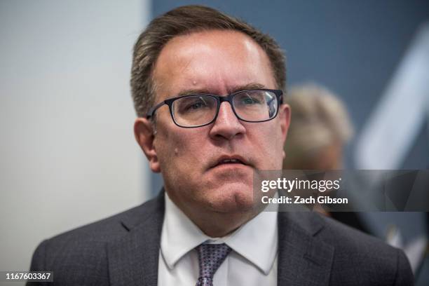Environmental Protection Agency Administrator Andrew Wheeler speaks at a news conference announcing the repeal of landmark Obama-era clean water...