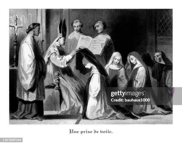 priest delivering vows to incoming nuns, antique french engraved illustrations of les couvents (the convent), 1846 - convent stock illustrations