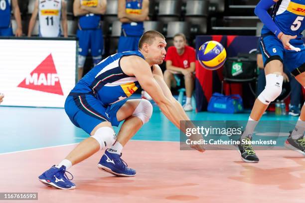 Oleg Antonov of Italy receives the ball during the Euro Volley Men match between Portugal and Italy on September 12, 2019 in Montpellier, France.