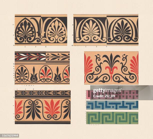 ilustraciones, imágenes clip art, dibujos animados e iconos de stock de bordes de patrón de ornamento griego clásico, cromolitógrafo, publicado en 1881 - ancient greek drawings