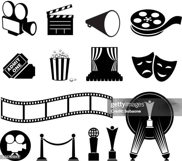 bildbanksillustrationer, clip art samt tecknat material och ikoner med film and movies black & white vector icon set - film set