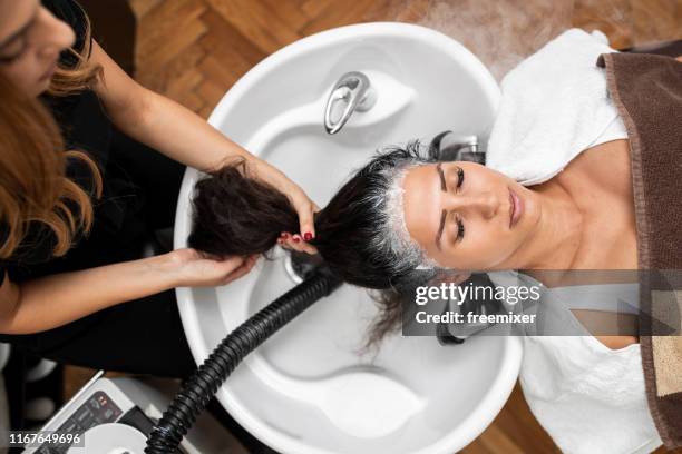 professional hairdresser applying dye on client hair - dye imagens e fotografias de stock