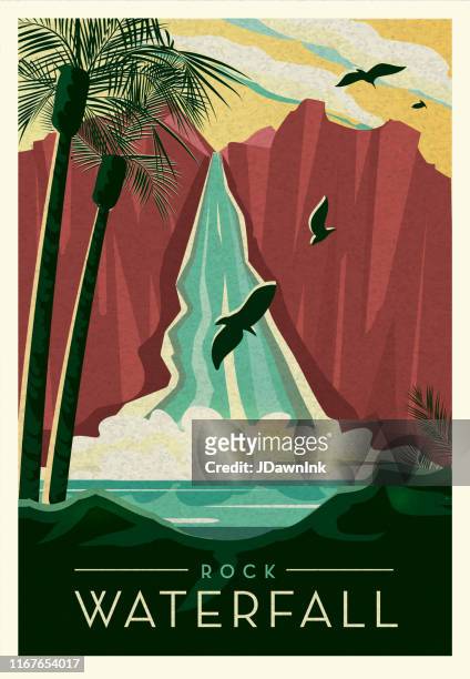 stockillustraties, clipart, cartoons en iconen met tropische rots waterval klif met vogels schilderachtige poster ontwerp met tekst - waterval