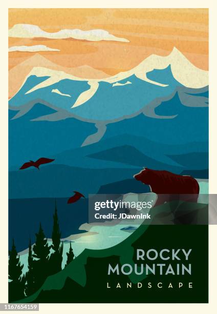 ilustraciones, imágenes clip art, dibujos animados e iconos de stock de montañas rocosas y acantilado con oso grizzly y diseño de cartel escénico de paisaje en cama de agua con texto - canadá