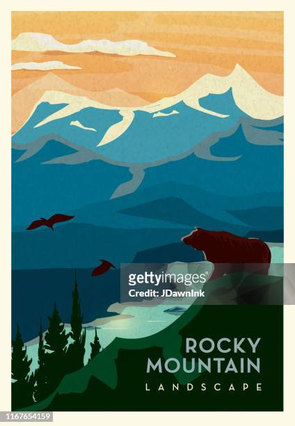 rocky mountain and cliff with grizzly bear and waterbed scenic landscape poster design with text - animal wildlife stock illustrations