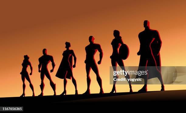 vector superhero team silhouette illustration - superman silhouette stock illustrations