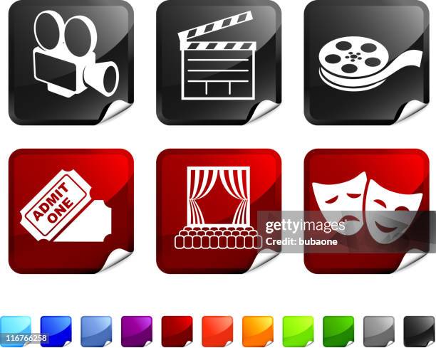stockillustraties, clipart, cartoons en iconen met film and movies royalty free vector icon set stickers - camera stand