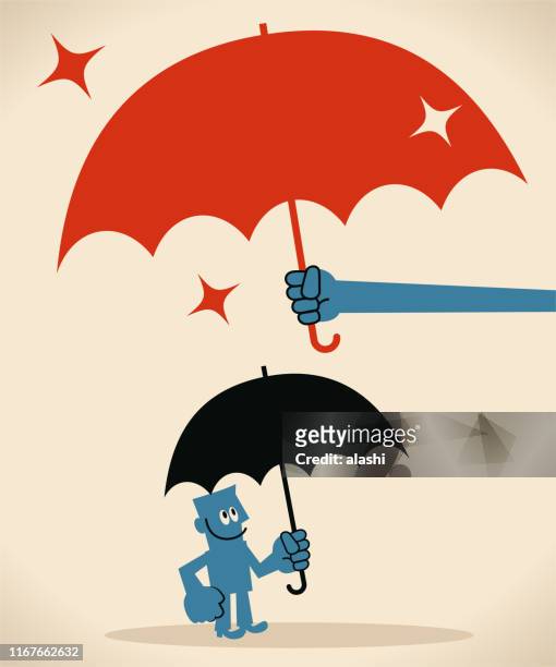 a big helping hand holding a larger umbrella to protect businessman - holding umbrella stock illustrations