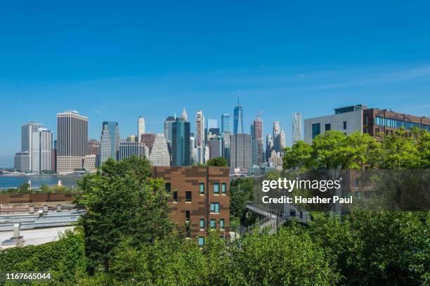 view of manhattan financial district urban skyline and apartment buildings from across the east river in brooklyn - brooklyn apartment stock-fotos und bilder