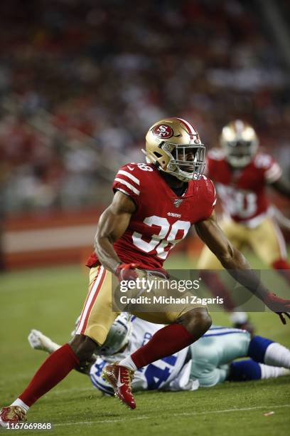 Antone Exum Jr. #38 of the San Francisco 49ers rushes the quarterback during the game against the Dallas Cowboys at Levi's Stadium on August 10, 2019...