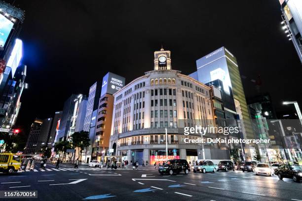ginza night in tokyo - ginza crossing stock pictures, royalty-free photos & images