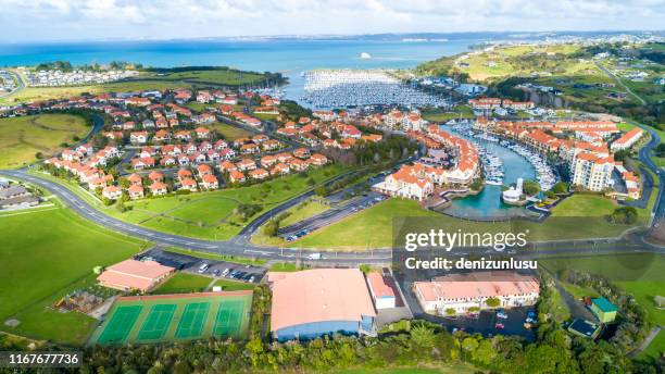 gulf harbour aerial view - golf club house stock pictures, royalty-free photos & images