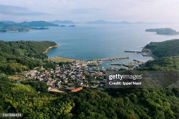 aerial view of manabeshima island, okayama, japan - okayama stockfoto's en -beelden