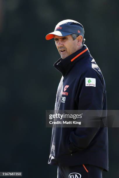 Giants head coach Leon Cameron looks on during a Greater Western Sydney Giants AFL training session at the WestConnex Centre on August 13, 2019 in...