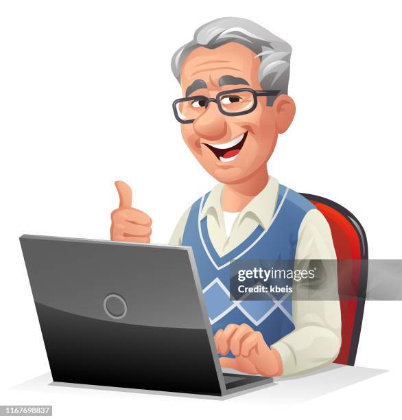 senior man using laptop - guy in front of computer cartoon stock-grafiken, -clipart, -cartoons und -symbole