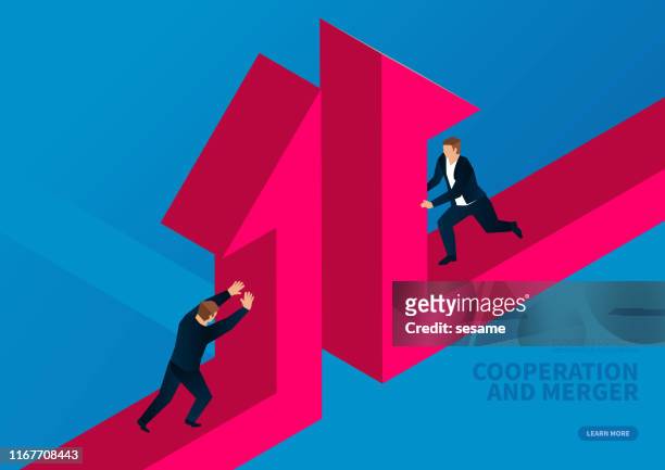 cooperation and merger, two businessmen push the split arrow together - effort stock illustrations