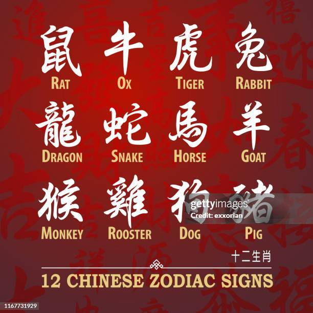 chinese zodiac signs calligraphy - chinese astrology stock illustrations