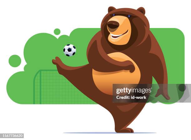 ilustrações, clipart, desenhos animados e ícones de urso chutando bola de futebol - funny football cartoons