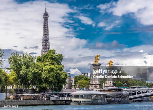 france, 7th arrondissement of paris, eiffel tower, pont alexandre iii over the seine river and rosa bonheur and flow barges-restaurant - eiffel tower restaurant stock pictures, royalty-free photos & images